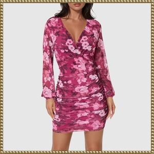 NWT Bebe Merlot Pink Long Sleeve Ruched Mesh V-Neck Wrap Mini Dress Size Large